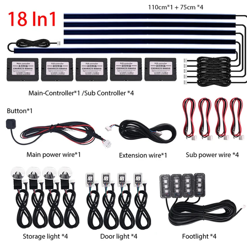 18-in-1 or 22-in-1 Car LED Ambient Light Strip with App Control