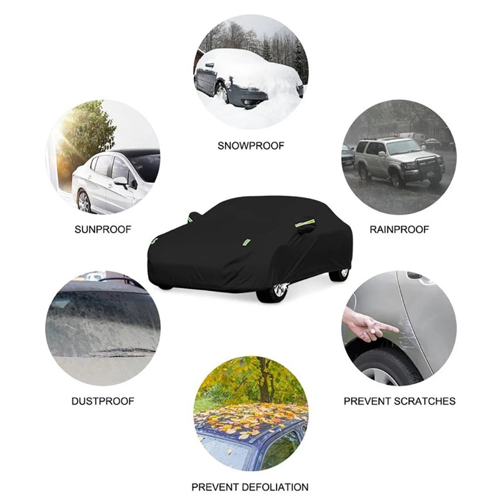 Black Heat-Absorbing Car Cover with Reflective Strips