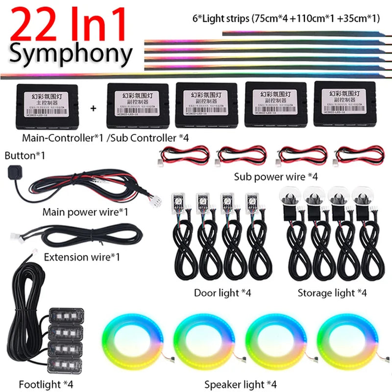 18-in-1 or 22-in-1 Car LED Ambient Light Strip with App Control