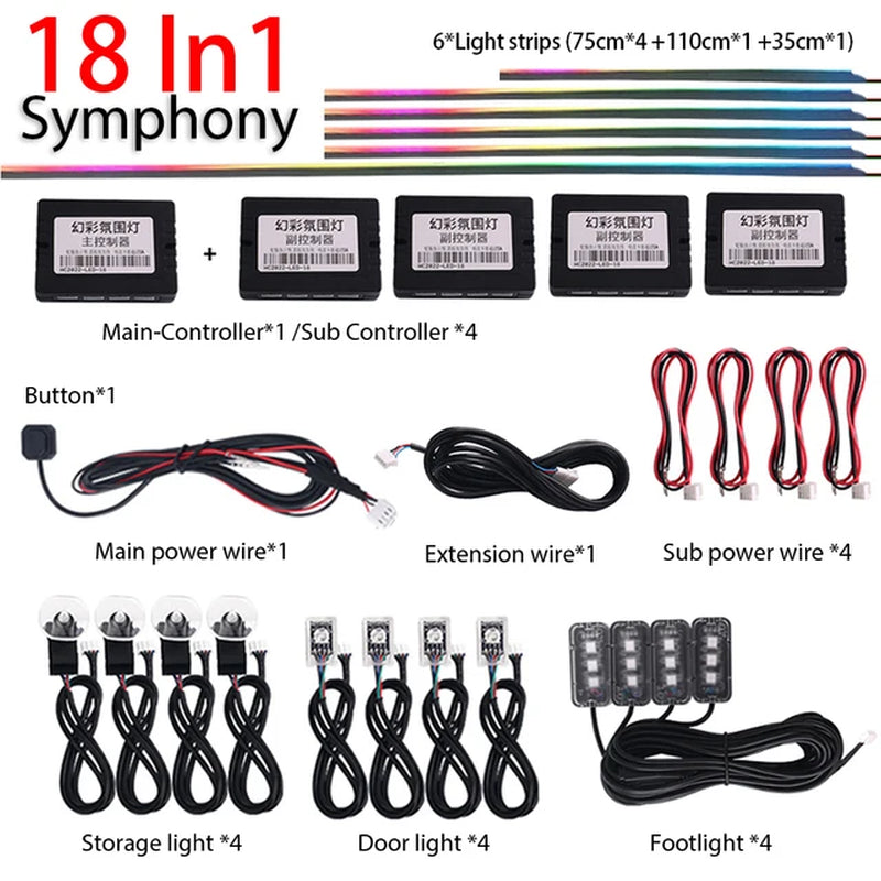 18-in-1 or 22-in-1 Car LED Ambient Light Strip with App Control