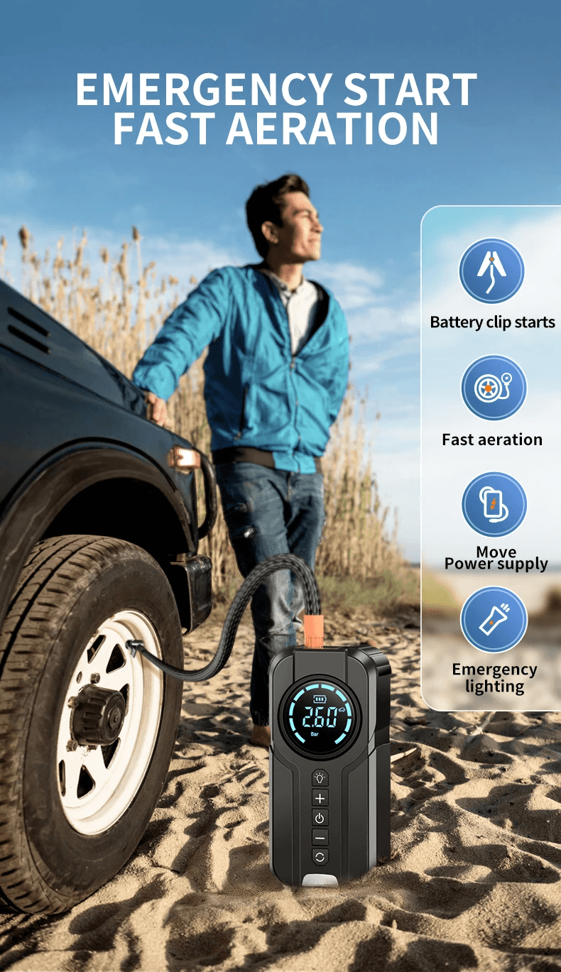 AutoSpree™  4-in-1 Portable Car Jump Starter, Air Pump, Power Bank and Light