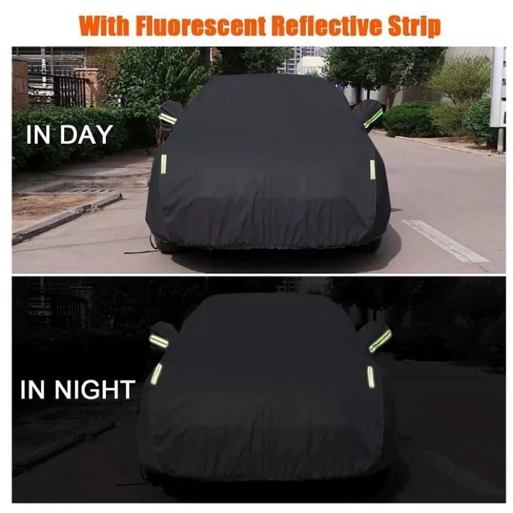 Black Heat-Absorbing Car Cover with Reflective Strips